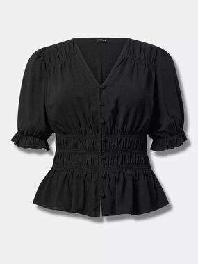 Torrid Black Peplum Blouse Size 0 V-Neck Puff Sleeve Button Front Smocked